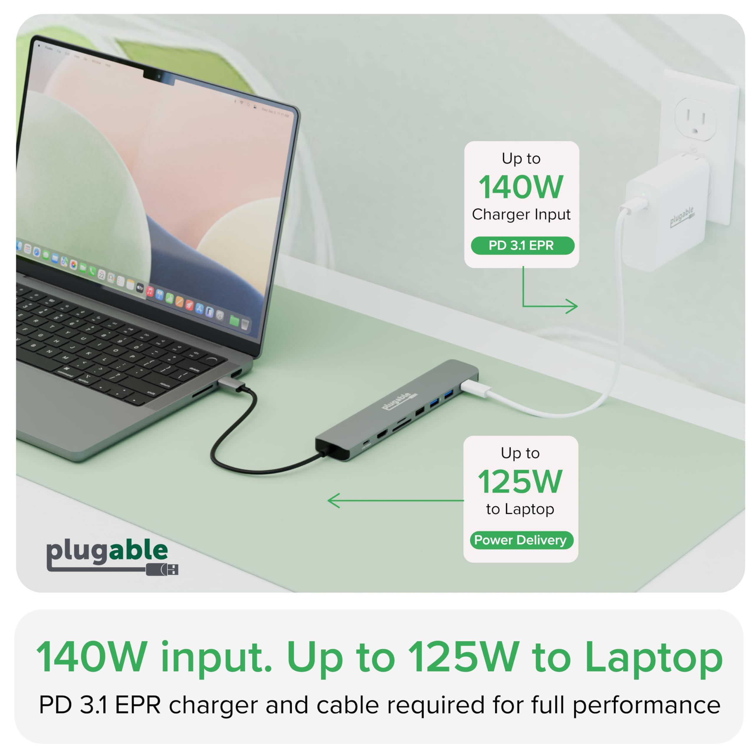 Plugable Hub USB-C 9 en 1 avec alimentation de 140 W
