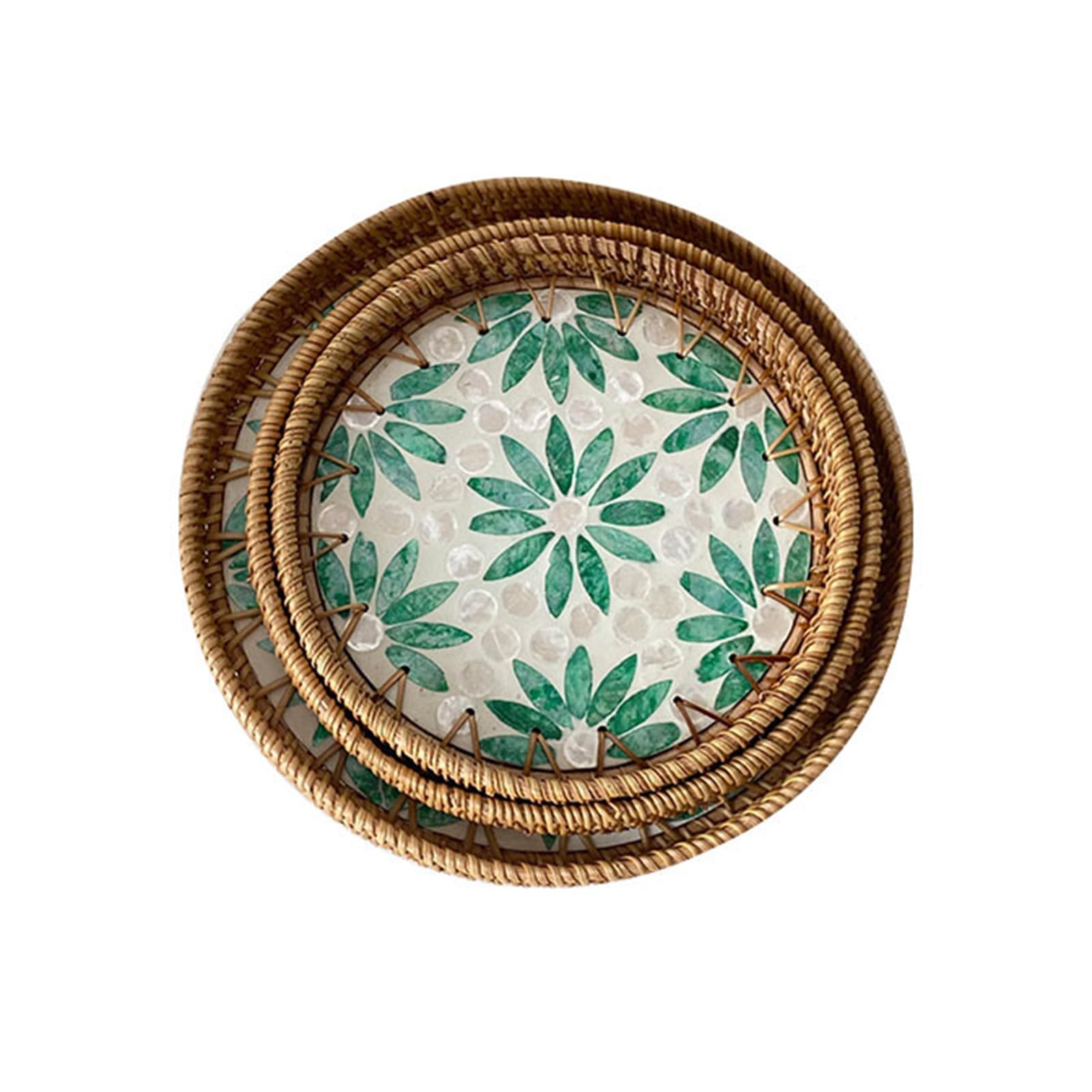 RUDHSJNJK 3 Packs Round Rattan Tray with Mother of Pearl Inlay Decorative Woven Serving Tray for Bread Fruit Food Coffee Breakfast,6