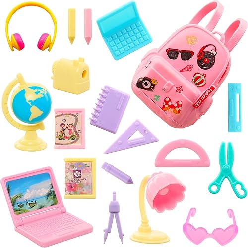 Miniatura 4 de ENOCHT 19 piezas de muñeca niña accesorios escolares mochila mini lámpara de escritorio portátil mini globo gafas y auriculares para muñeca de 11.5