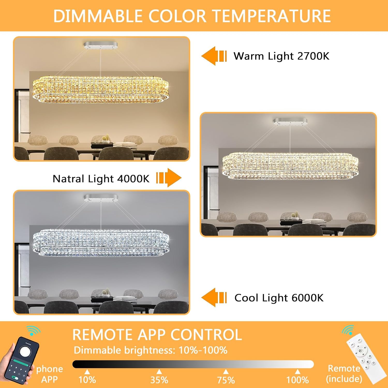 L47 x W12 Modern Chandeliers for Dining Room LED Dimmable Pendant Lighting Ceiling Chandelier Crystal Rectangle Light Fixtures Silver