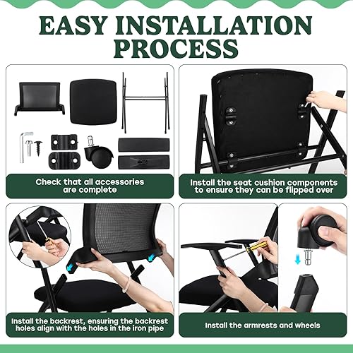 Miniatura 6 de Silla de oficina plegable de 4 piezas con ruedas de poliuretano, soporte lumbar, reposabrazos, asiento de malla transpirable gruesa apilable para