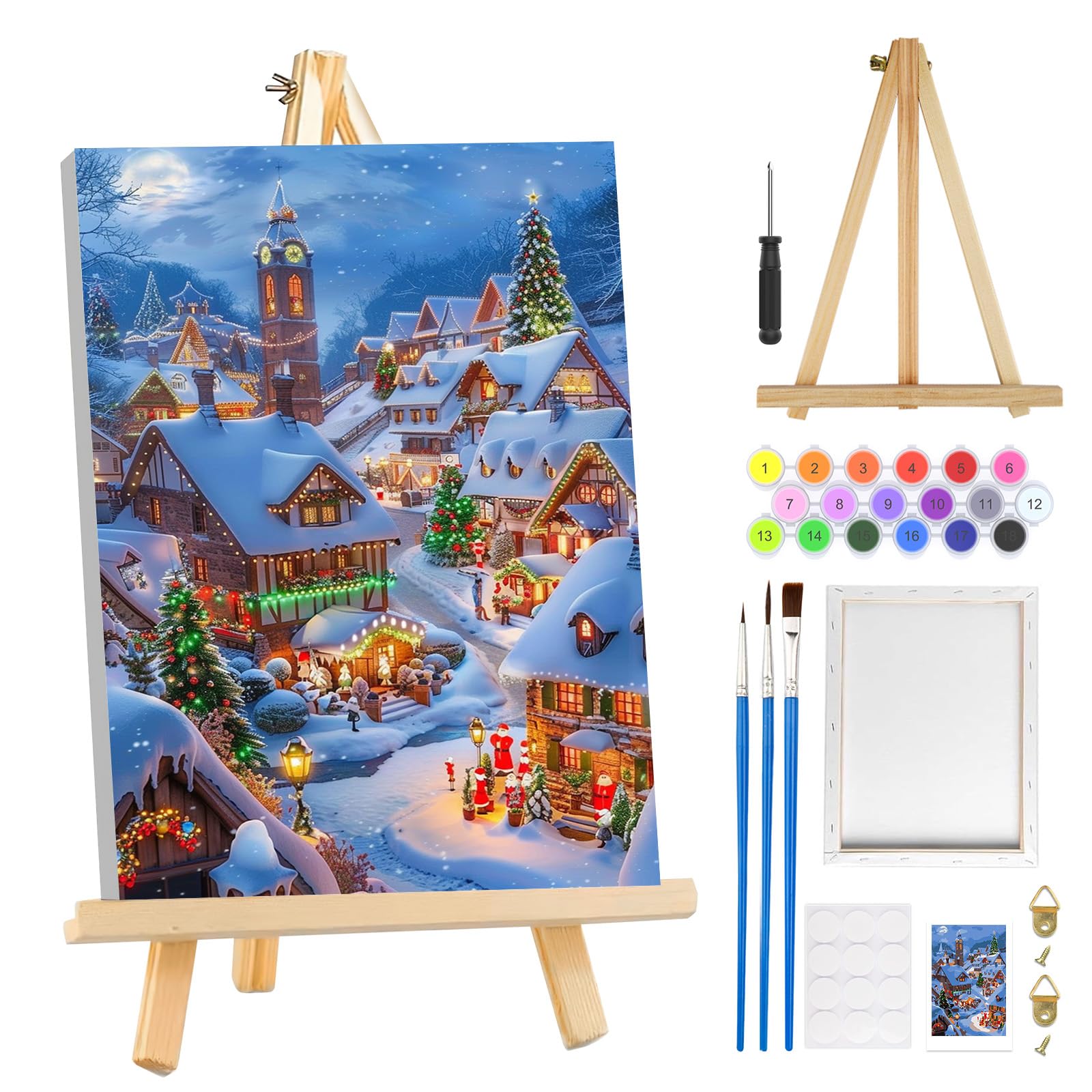 MOGTAA – Kit Peinture Par Numéros Noël – 20x30 Cm – Avec Cadre, Chevalet, Pinceaux – Débutant – Idéal Décoration Et Cadeau