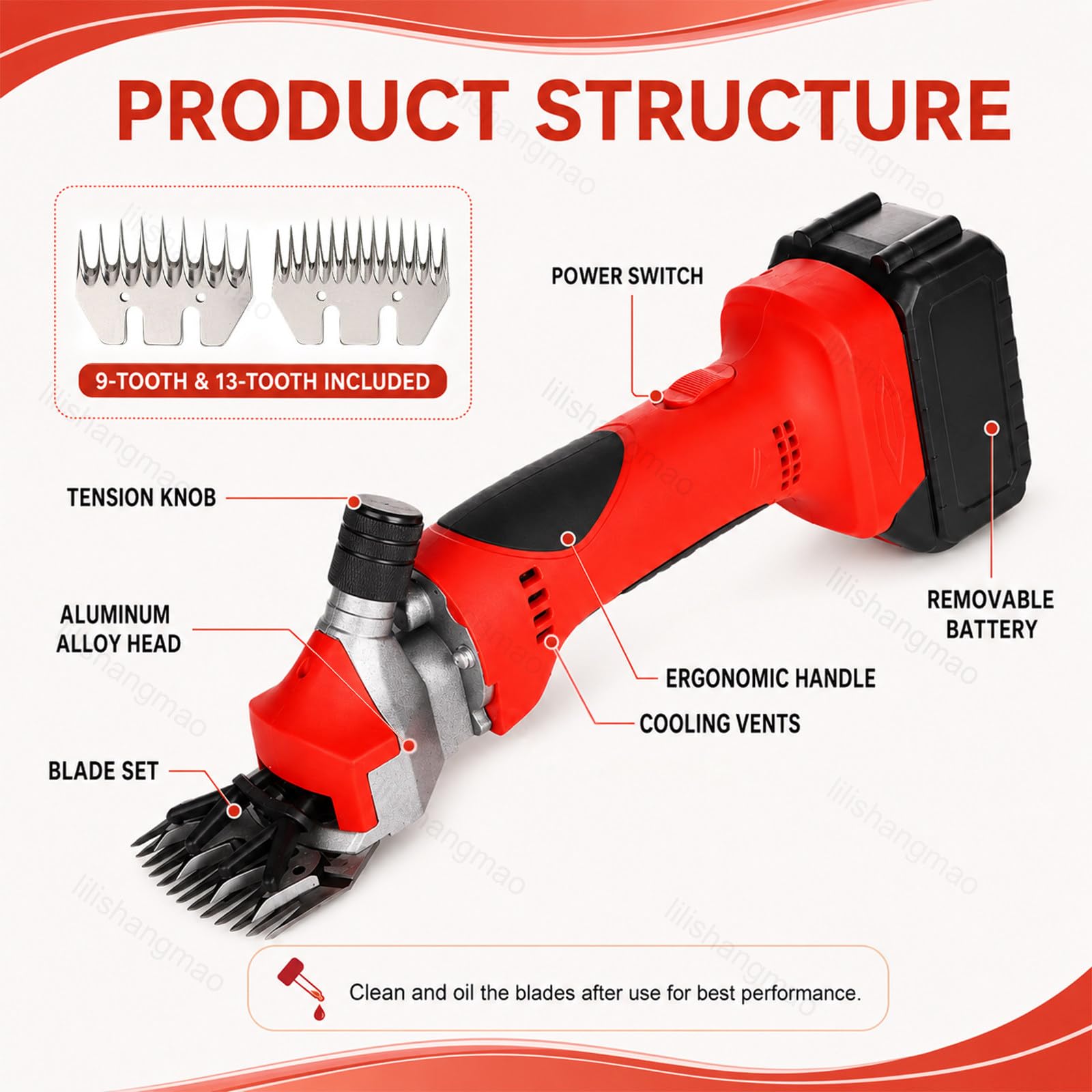 Esquiladora Profesional para Ovejas,Tijeras Recargables para Lana 2026 Mejoradas con Motor de 2800 RPM y Cuchillas de Acero al Carbono,Esquiladora Manual de 6 Velocidades Orange-1Battery