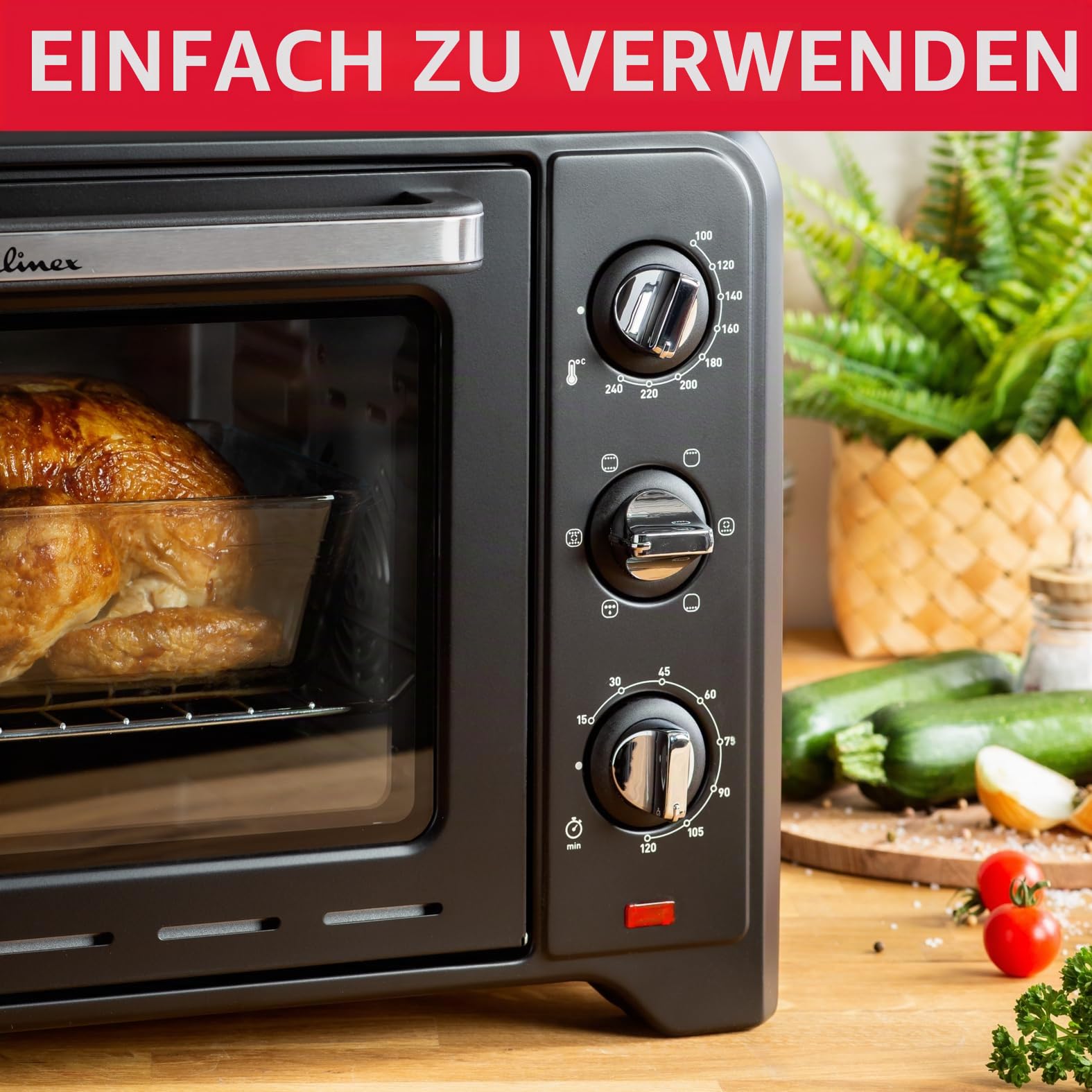 Moulinex Standbackofen 33 l, Umluft, Spitzenkonvektion, 6 Kochmodi, regelbarer Thermostat bis 240 °C, Timer 120 min, Wendegitter, Topflappen aus Silikon, Optimo, schwarz, OX464811