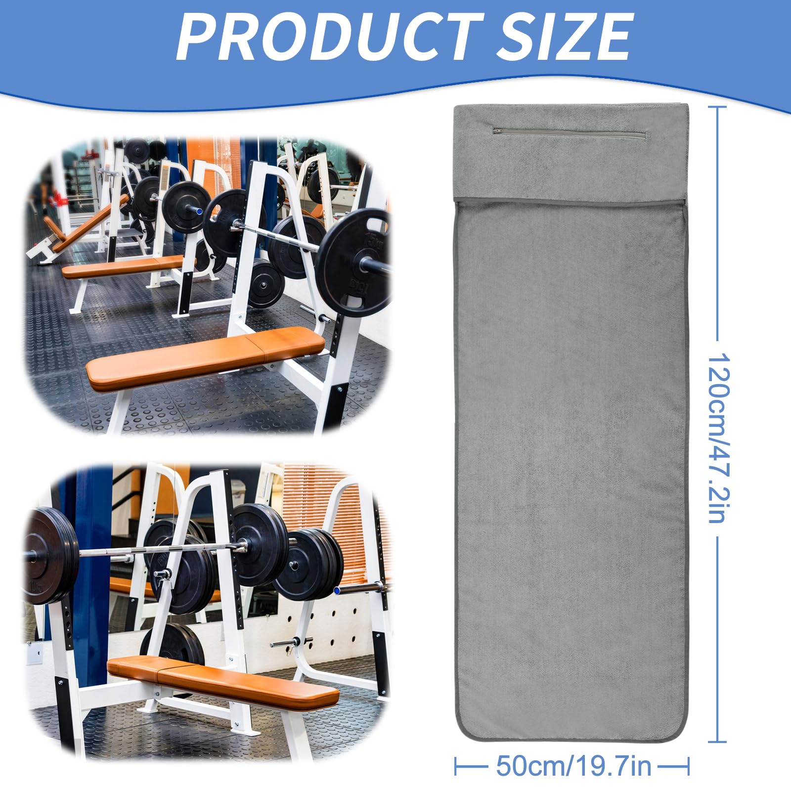 Asciugamano Palestra con Zip, Telo Palestra in Microfibra 120 x 50 cm con Tasca con Cerniera e Cappuccio di Fissaggio, Assorbente e Asciugatura Rapida per Yoga, Sport e Fitness