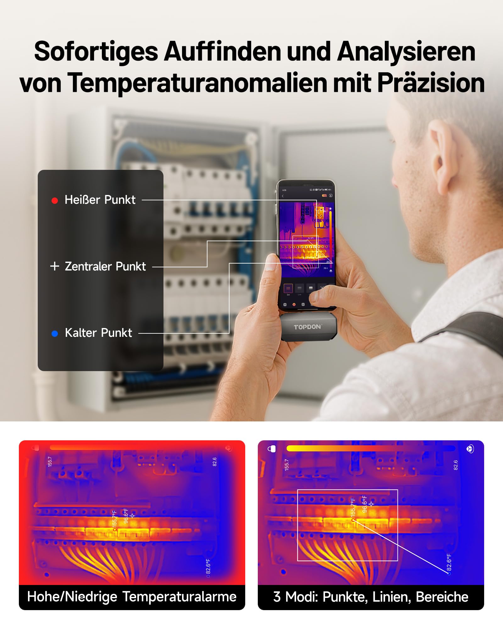 TOPDON TC002C Duo Wärmebildkamera für Android iPhone iOS, 512×384 TISR-Superauflösung Infrarot Kamera mit USB-C, 25Hz, 40mK, -20°C bis 550°C, zur Inspektion von Gebäuden, Fahrzeugen, Leckagen, HLK