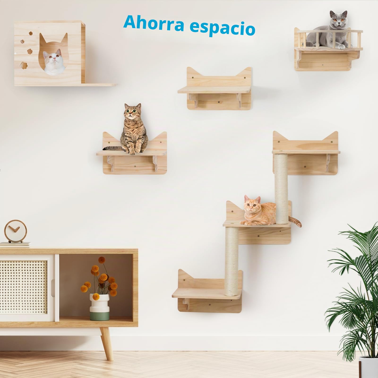 Estanterías para Gatos Montadas en la Pared - Set de 9 Piezas con Casa, Torre, Rascadores de Sisal, Madera de Pino Ancha para Gatos Grandes, 7 Alfombrillas de sisal, Plataforma para Gatos