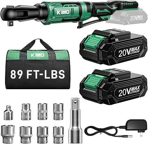 KIMO - Llave de Trinquete Inalámbrica de 20 V, 3/8, 89 pies-libras, 400 rpm, Juego de Llaves de Trinquete Eléctricas con Velocidad Variable,