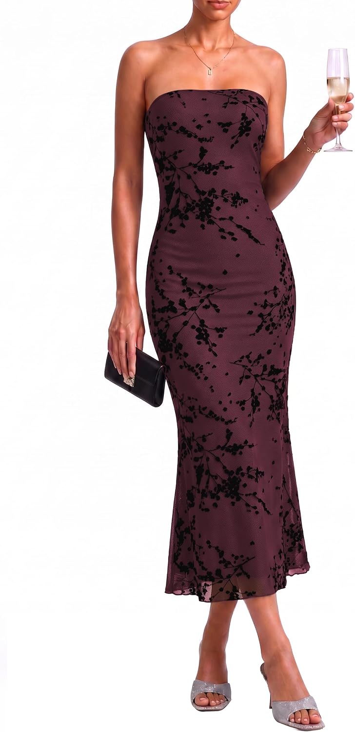 Women's Floral Strapless Maxi Dress 2026 Summer Mesh Tube Bodycon Wedding Guest Cocktail Party Formal Dress