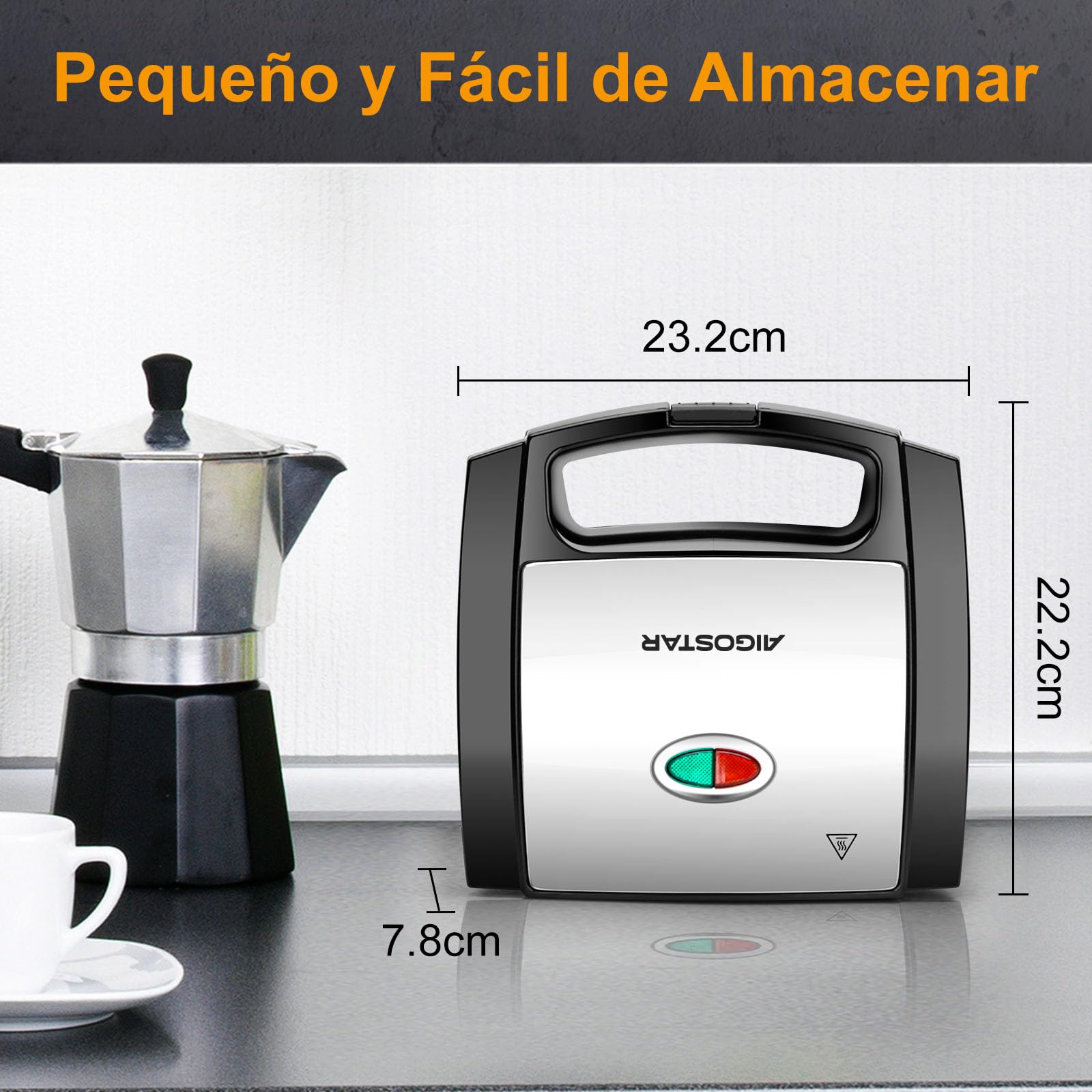 Aigostar Lamo - Sandwichera, 800W, Revestimiento Antiadherente, Libre de BPA, Placas con Forma Triangular, Indicador LED, Asa de Tacto Frío, Almacenamiento Vertical, Color Acero y Negro