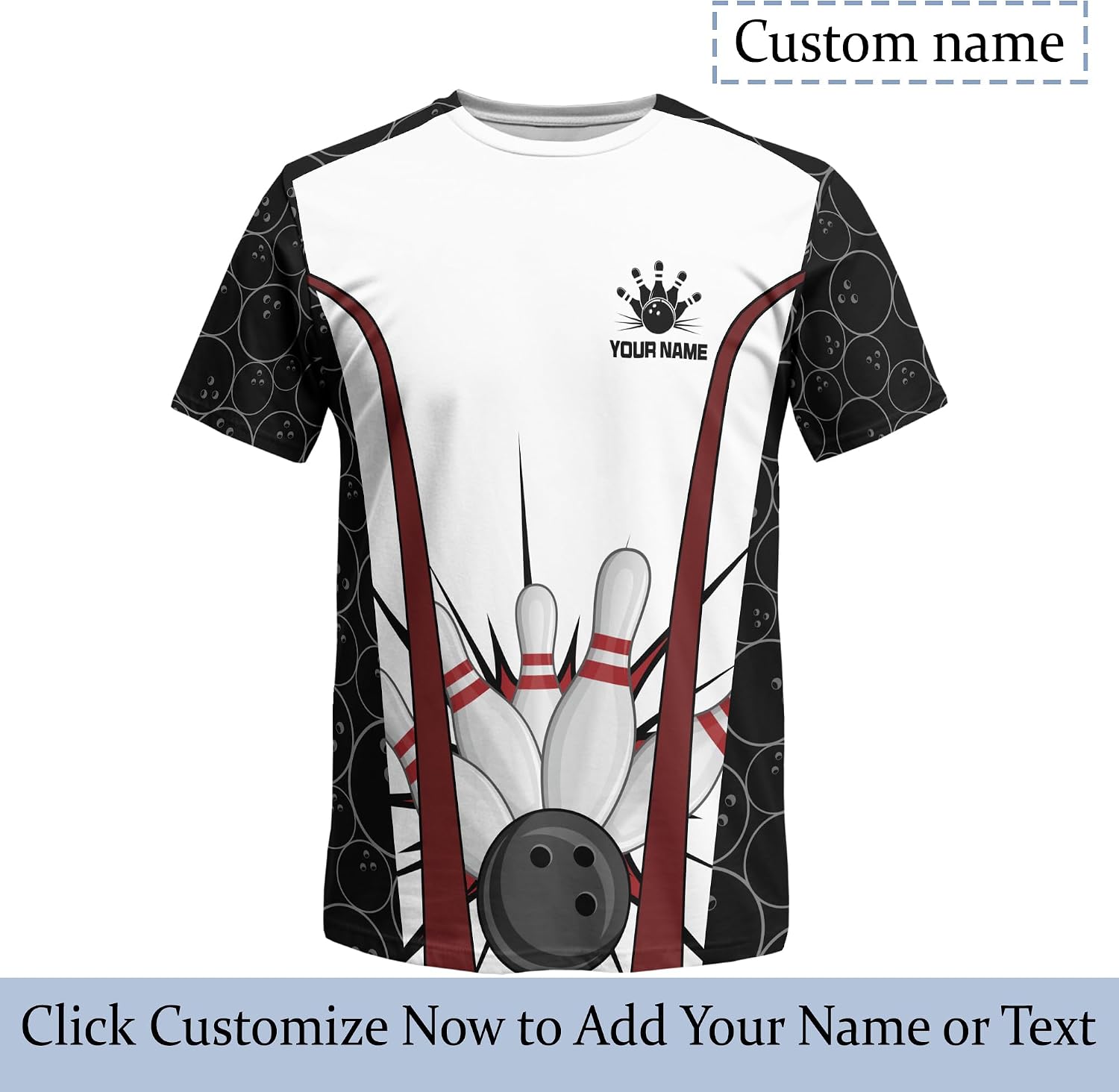 Custom Name Bowling Alley Short Sleeve Tshirt Print Tee Shirt with Black Bowling Ball Pattern Graphic On it for Bowling Team