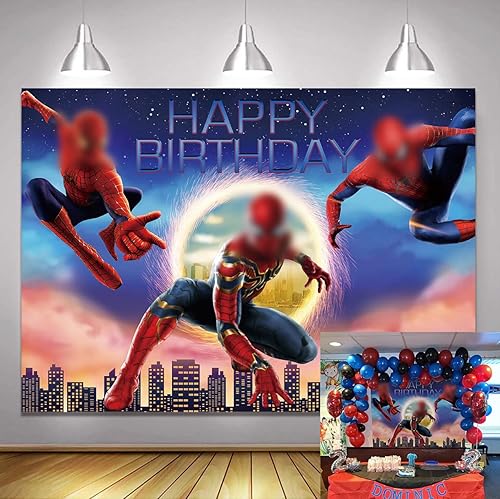 Telón de fondo de fiesta Spider Suphero cielo estrellado paisaje urbano superhéroe fotografía telón de fondo niño niña feliz cumpleaños superhéroe