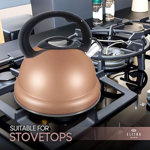 Miniatura 5 de ELITRA - Hervidor de té silbante  Tetera de acero inoxidable para estufa con mango Stay Cool  3.1 cuartos de galón  3 litros  Oro rosa