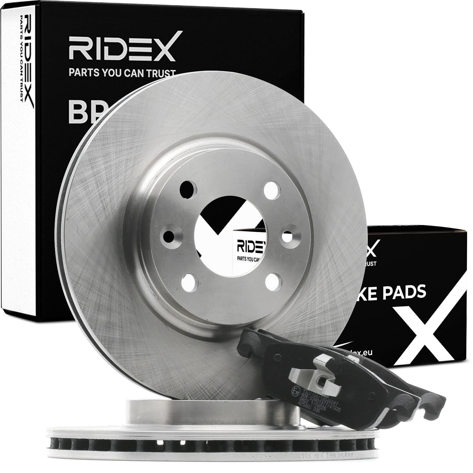 RIDEX 3405B1006 Juego para eje Kit de discos de freno y pastillas Delantero sin tornillos Compatible con RENAULT Clio 4 Grandtour KH