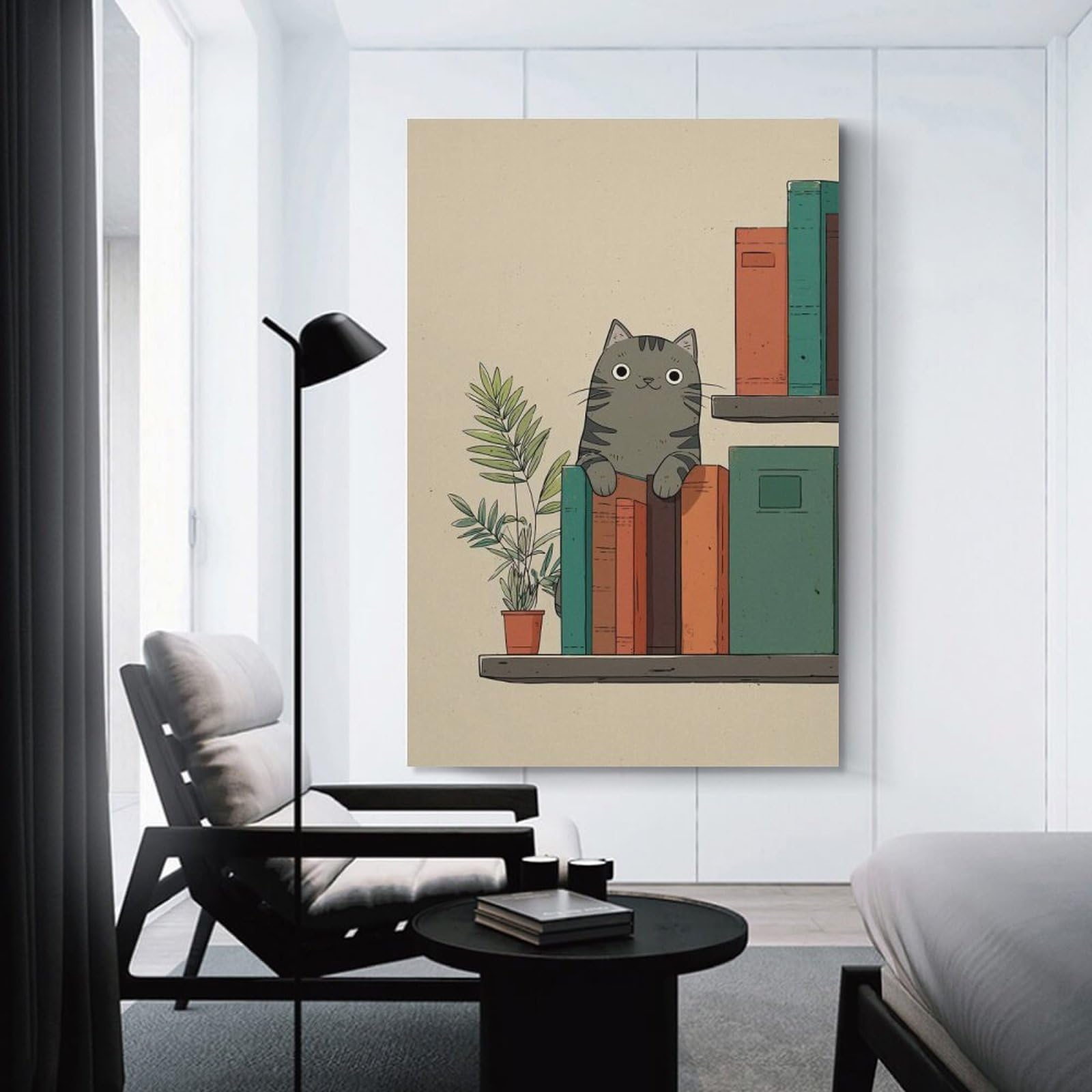 Junmoney Cat on Bookshelf Illustration Hanging Wall Art, 12x18inch(30x45cm), for Home Walls, Creative Rooms Or Shared Spaces, A Flexible Wall Accent for Shared Spaces