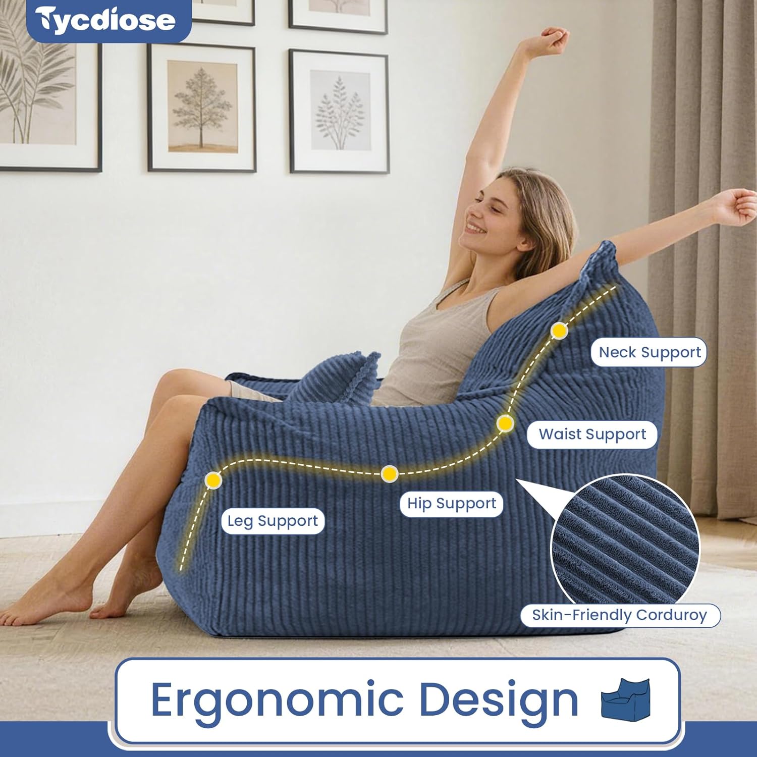 Oversized Bean Bag Chairs with Memory Crushed Sponge Filler for Adults Teens, Comfy Corduroy Large Bean Bag Couch Armchair for Reading Bedroom Living Room, Giant Reading BeanBag Chair, Navy