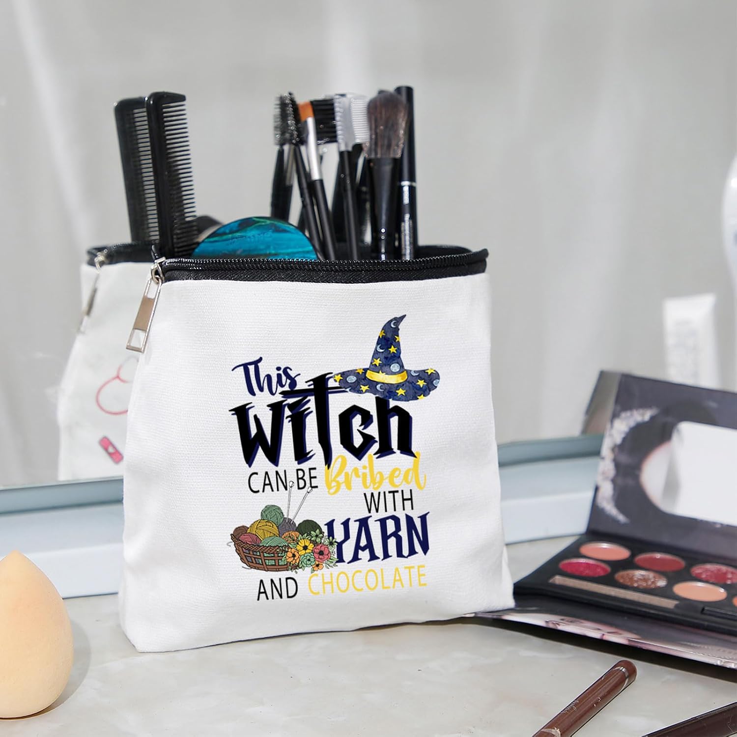 WZJHCL Knit Lover Gift Knitting Gift Knitter Survival Kit Knitting Halloween Makeup Pouch Bag The Witch Can Be Bribed With Yarn And Chocolate (Witch Knit)