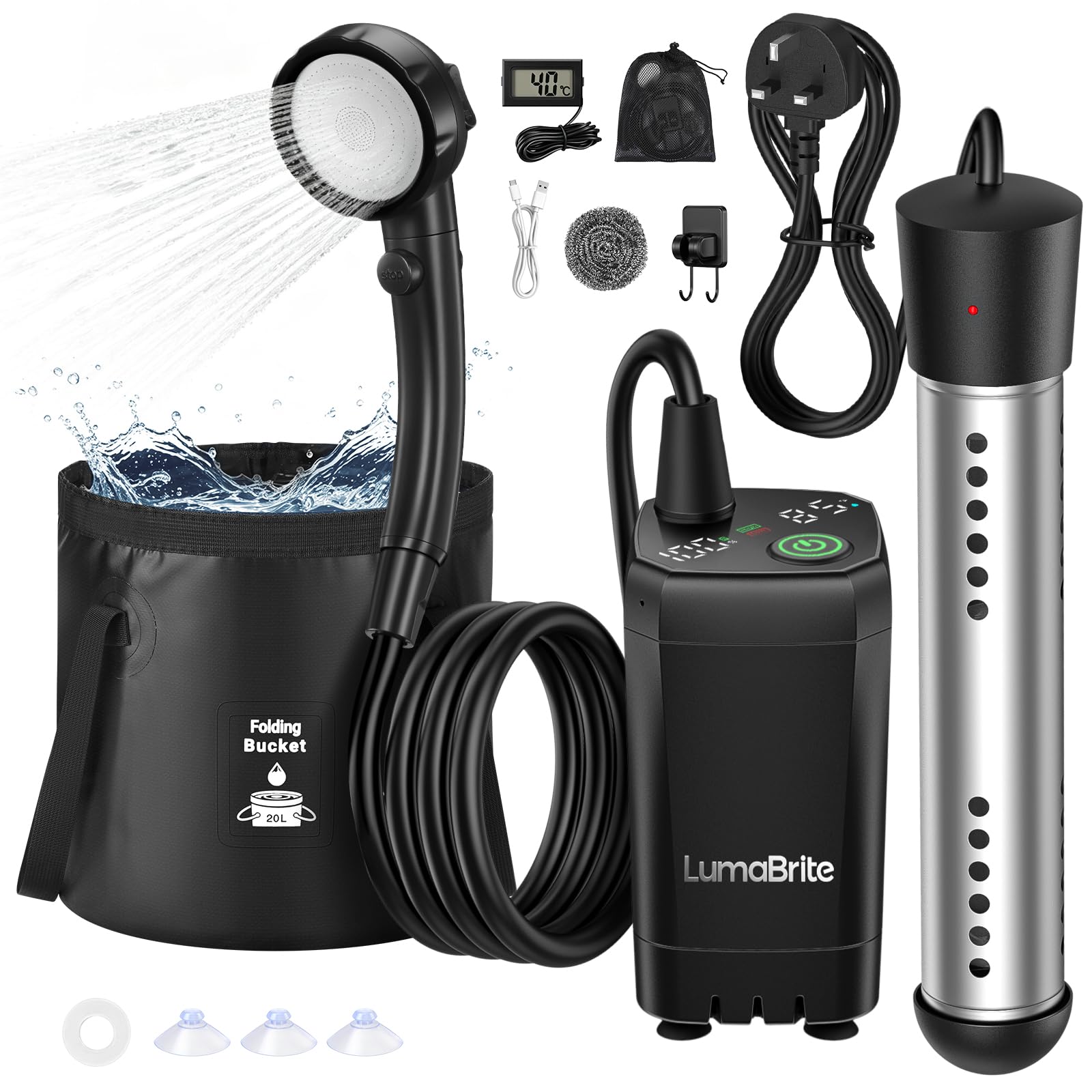 Camping Shower with Heater, 6000 mAh Rechargeable Portable Shower Pump Set