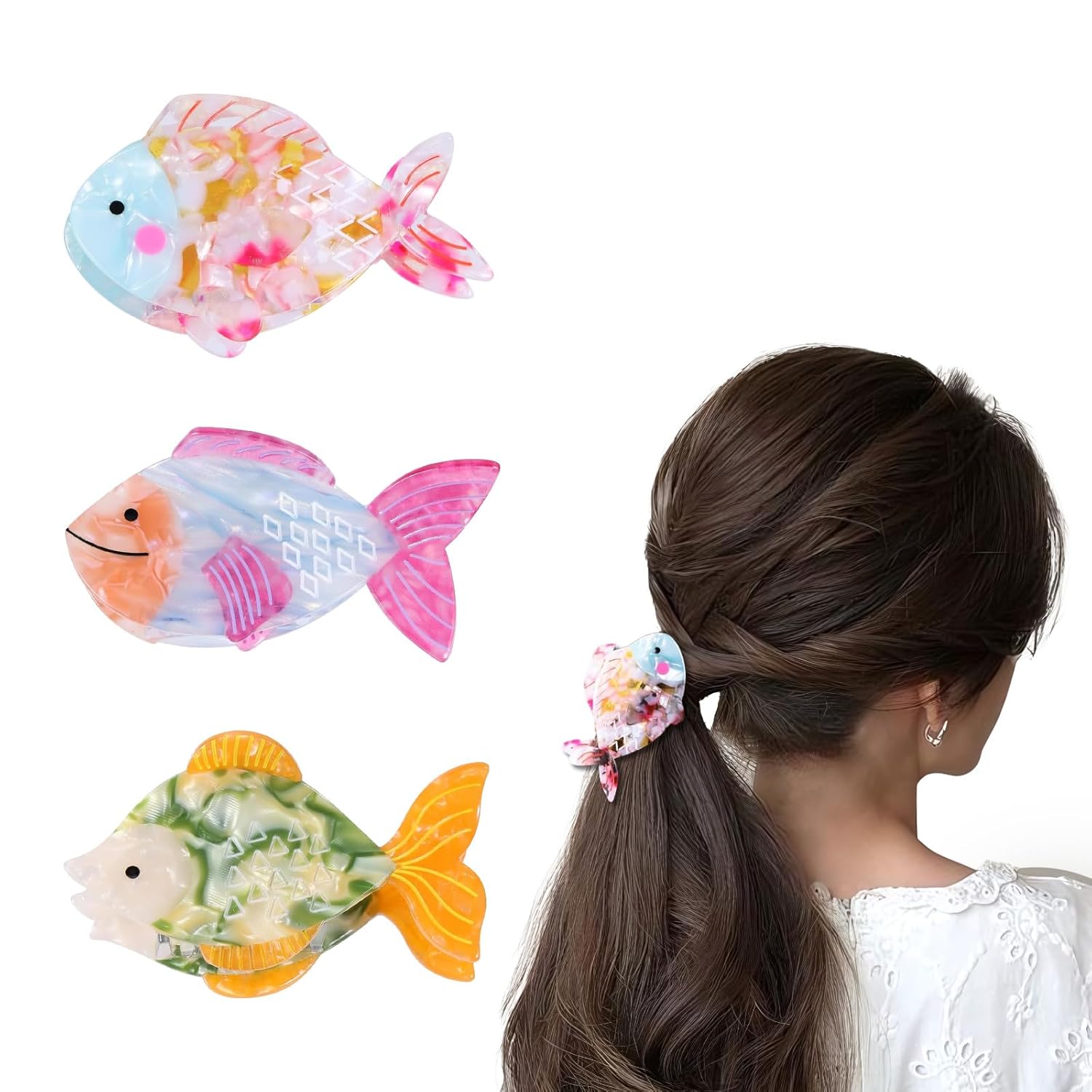 3PCS Cute Fish Hair Claw Clips for Women, Acetate Non-Slip Hair Clips, Pink Hair Accessories for Thick & Thin Hair