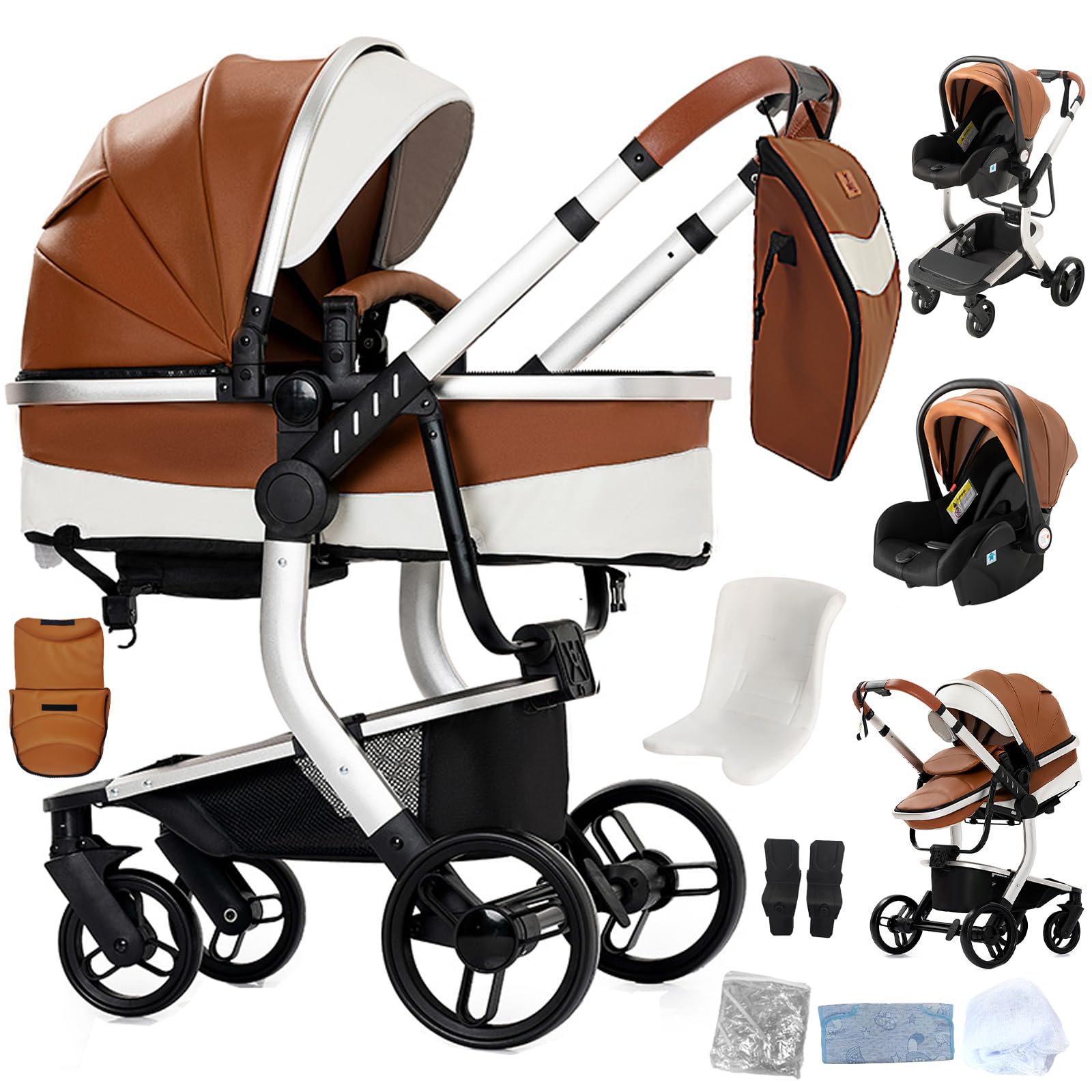 Reenborn PU-Leder Kinderwagen 3 in 1, Buggy mit Ein-Klick-Faltdesign, Kinderwagen mit Zwei Umkehrbaren Schiebemodi, Kombikinderwagen 3 in 1 Komplettset Rahmen Aluminiumlegierung (B518 Khaki)