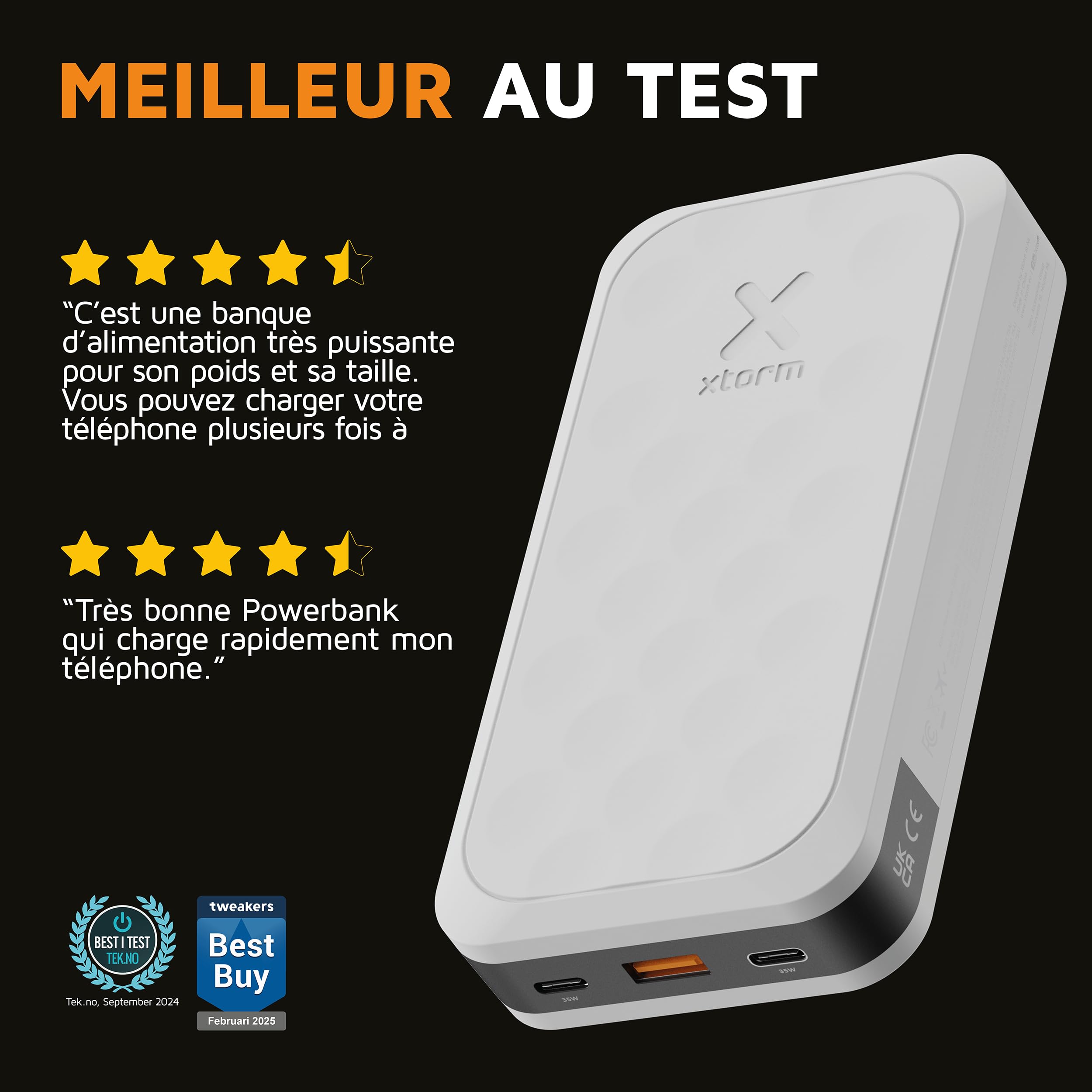 Powerbank Xtorm Fuel 5 Series 35W, 20 000mAh, 2X USB-C PD / 1x USB-A, Adapté aux Voyages en Avion, Compatible avec Samsung ou Android et iPhone ou Apple, Dusk White