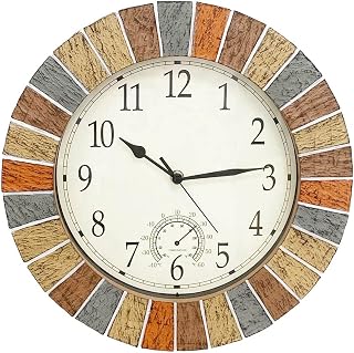 OCEST 13inch Garden Clock, Large Waterproof Outdoor Indoor Wall Clock with Thermometer, Weather-Resistant Non-Ticking Battery Operated Decor Clock for Patio, Pool