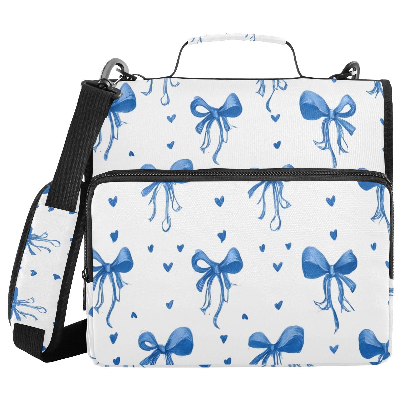 3 Ring Zipper Binder with Shoulder Strap Blue Bows Ribbons Polka Dots 1.5 inch Binders Keeper Large Capacity Multi Pockets for School Office Supplies