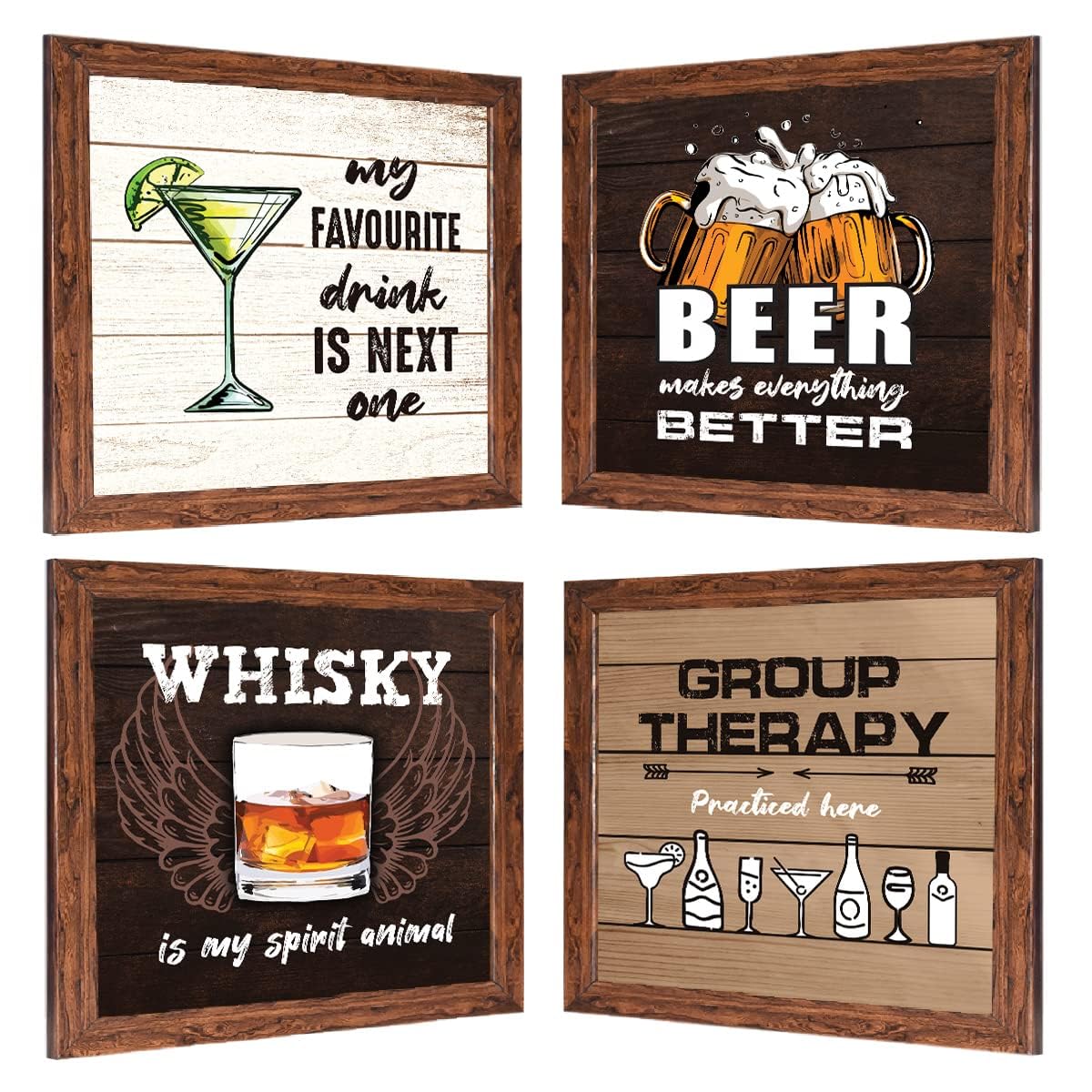 Engineered Wood -Whisky Wall Quotes Beer, Cocktail Quotes Poster With Frames - Bar, Alcohol Quotes Wall Decoration Item - (11 X 11 Inches - Set Of 4)