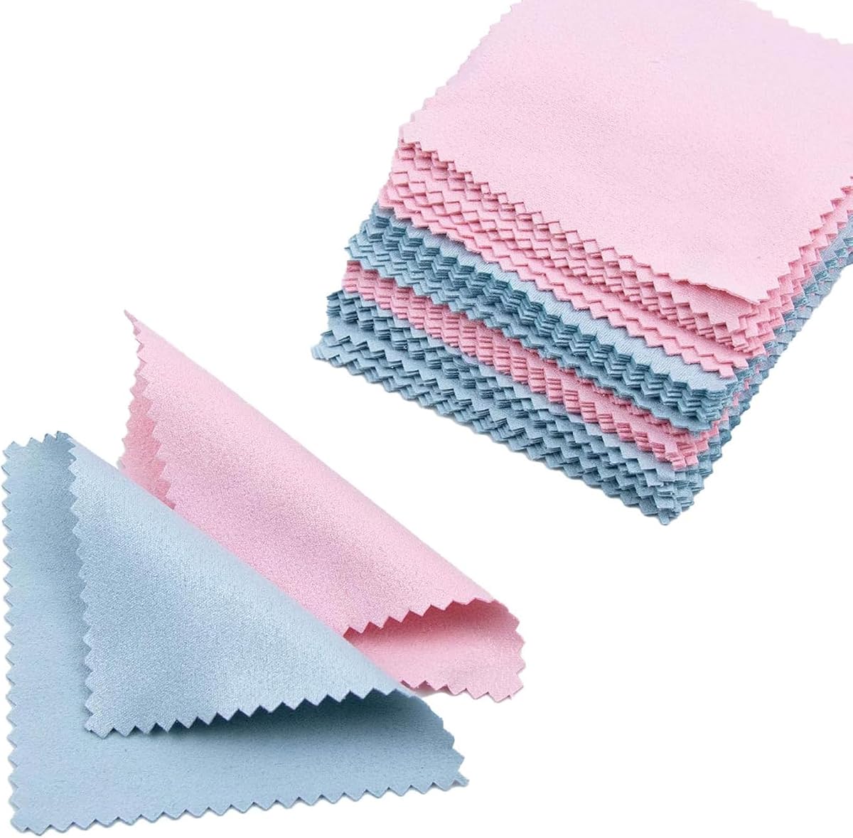 AUEAR, 100 Pack Jewelry Cleaning Cloths, Polishing Cleaner Cloth for Sterling Silver Gold Platinum Small Diamond Polish Cloth Pink & Blue 8x8cm