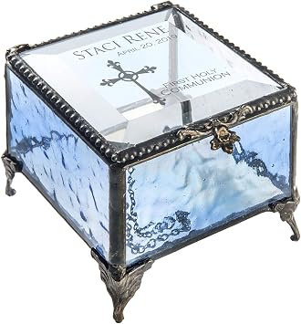 First Communion Gift for Girls Personalized Blue Stained Glass Engraved Cross Jewelry Rosary J Devlin Box 837 EB220