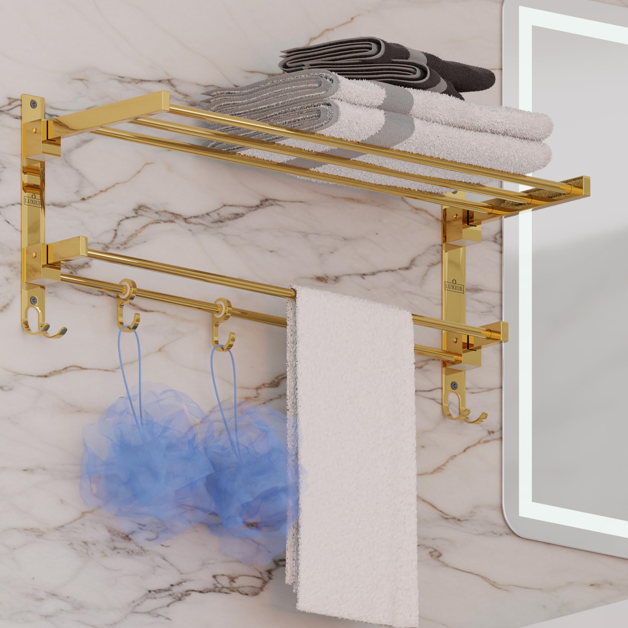 Gold Towel Rack - Wall Mounted Shelf with Hooks -5