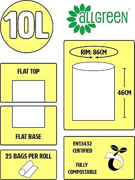 10 Litre x 50 All-Green Compostable Bags - Kitchen Caddy Liner - Food Waste Bin Liners - EN 13432-10L Bags with Composting Guide