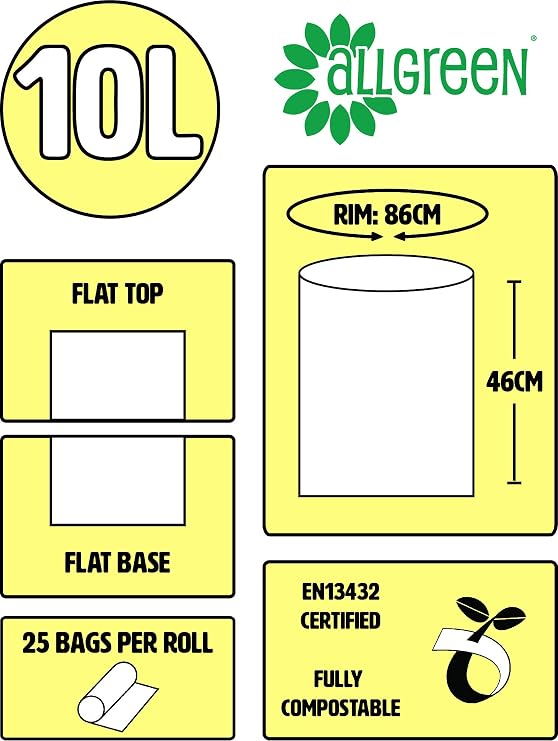 10 Litre x 50 All-Green Compostable Bags - Kitchen Caddy Liner - Food Waste Bin Liners - EN 13432-10L Bags with Composting Guide