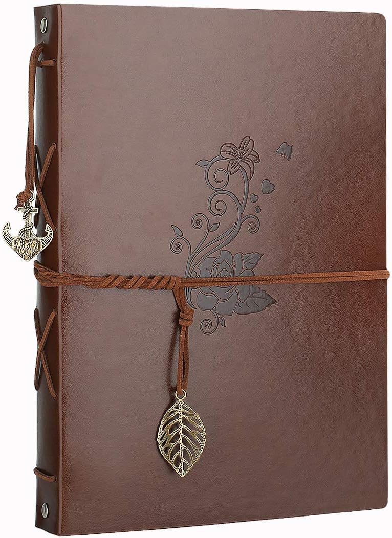 Scrapbook Photo Album, AIOR Leather Scrapbook Album 11x 8.3 Inches 60 Black Pages, DIY Memory Book Vintage Guest Book Family Album Scrap Book for Anniversary Birthday Gifts, Peony