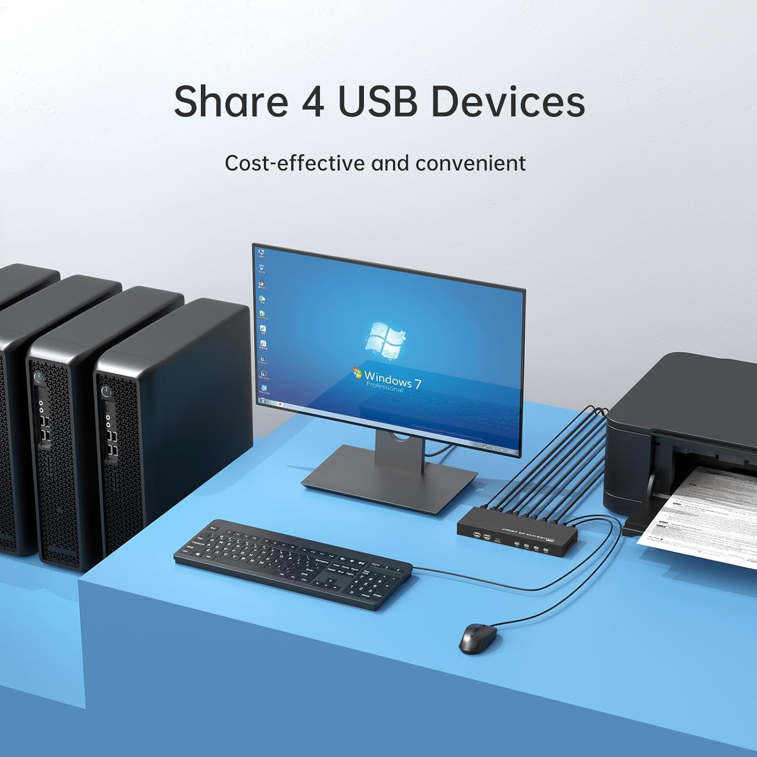 Diagram showing four computers sharing a single monitor, keyboard, mouse, and a printer via the Yinker KVM switch's USB hub.