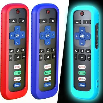 3 Pack Remote Case for Roku, Battery Cover for TCL Smart TV Steaming Stick, Silicone Protective Controller Universal Sleeve Skin Glow in The Dark Blue Red and Sky
