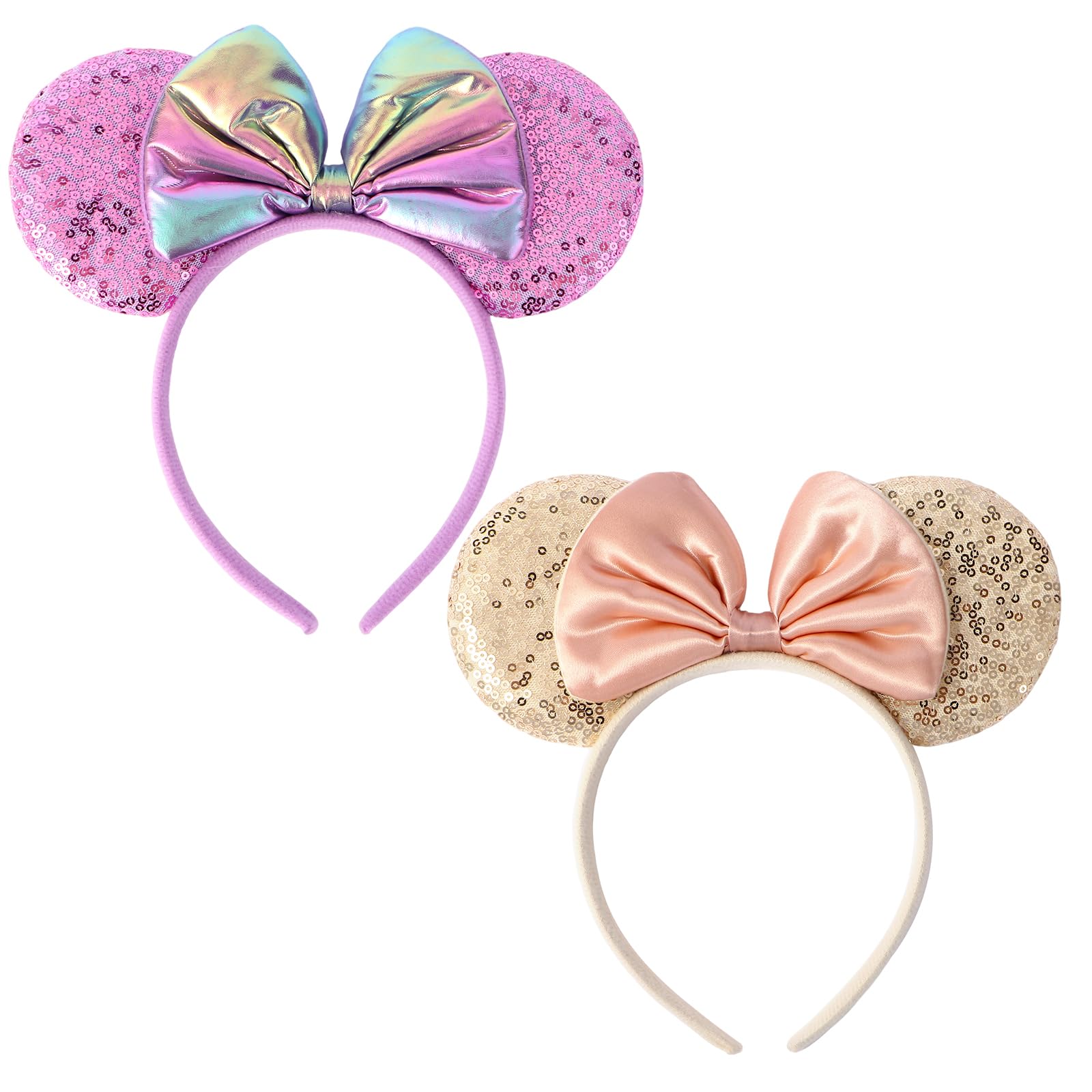 Kacmagic Mouse Ear Headbands with Shiny Bows, 2 Pack, One Size Fits Most, for Women & Girls, Ideal for Birthday Parties, Theme Park Trips & Cosplay