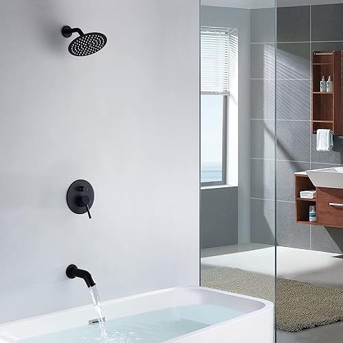 Miniatura 3 de sumerain Kit de molduras para bañera y ducha con válvula áspera, grifo de ducha negro con boquilla de bañera, cabezal de ducha de 8 pulgadas,