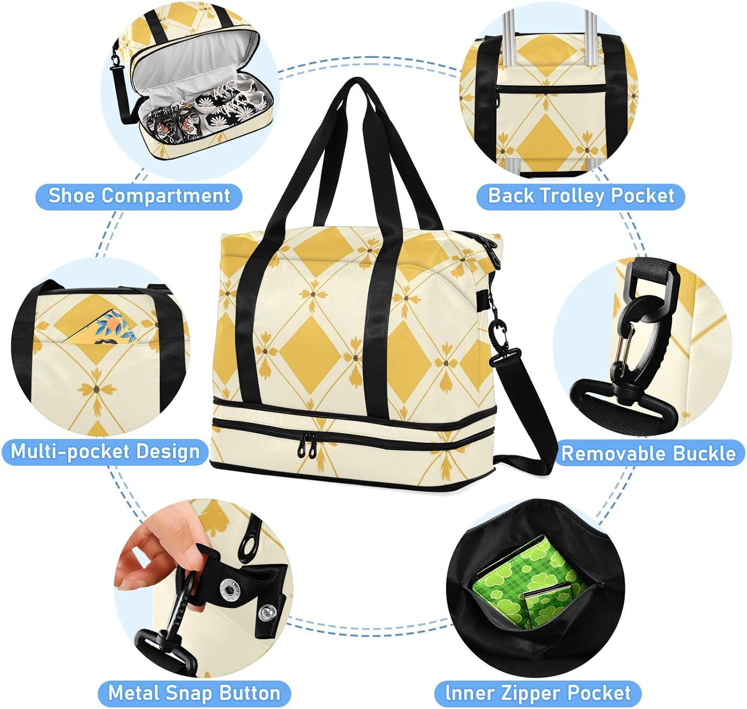 Bohemia Europe Gingham Pattern Yellow Floral Large Gym Bag Sports Gym Tote Bag with Toiletry Bag for Business Trips Multifunctional
