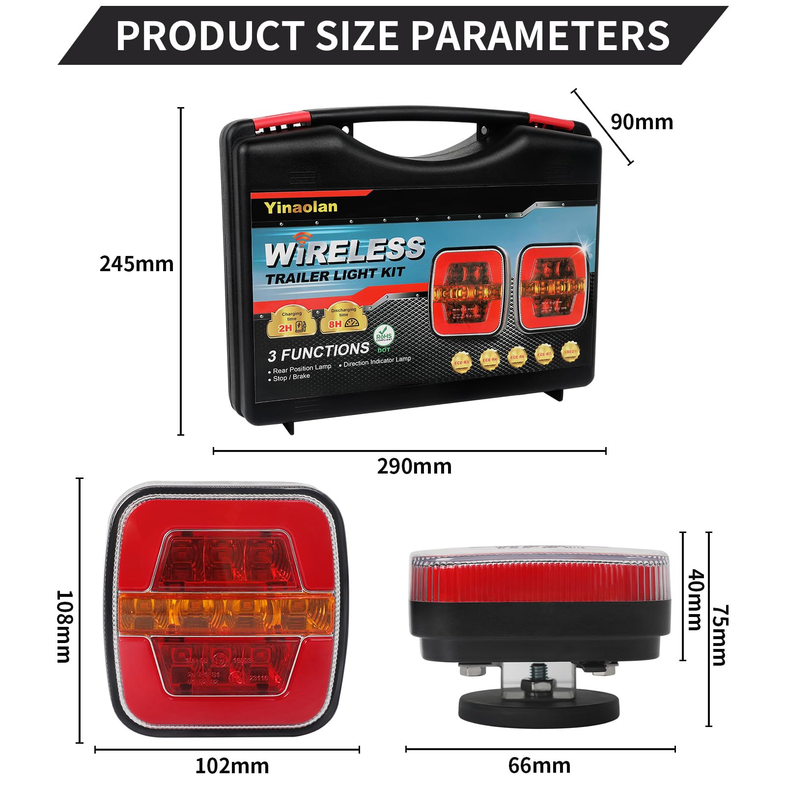Luci posteriori per rimorchio senza fili Luci posteriori per camion magnetiche a LED Senza cavo 12V/24V impermeabile, ricaricabile, con spina a 7 pin per rimorchio, camion, roulotte