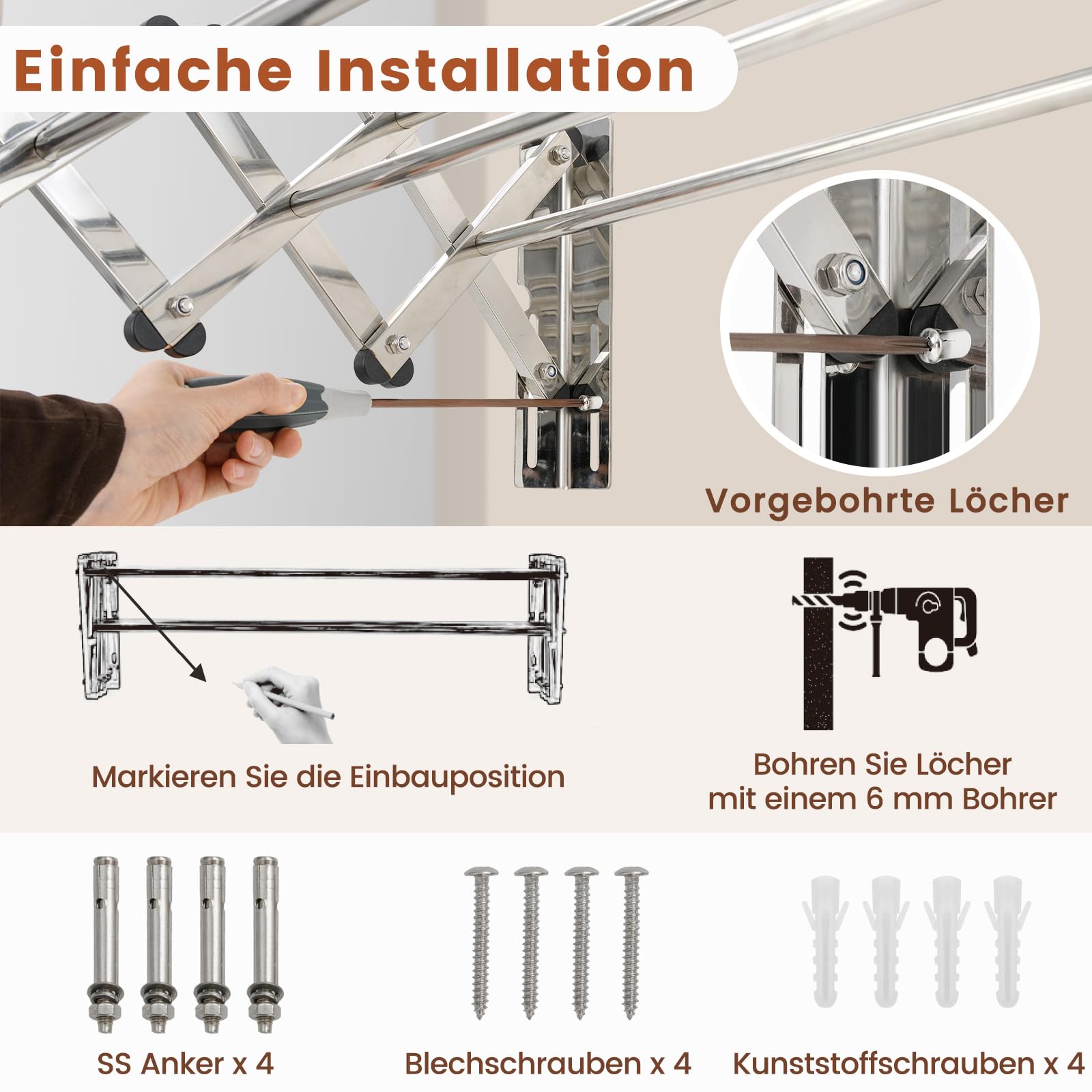 COSTWAY Wäscheständer zur Wandmontage, Wandtrockner ausziehbar aus Edelstahl mit 8 Stangen, Wandwäschetrockner 25 kg Tragkraft für Waschküche, Badezimmer