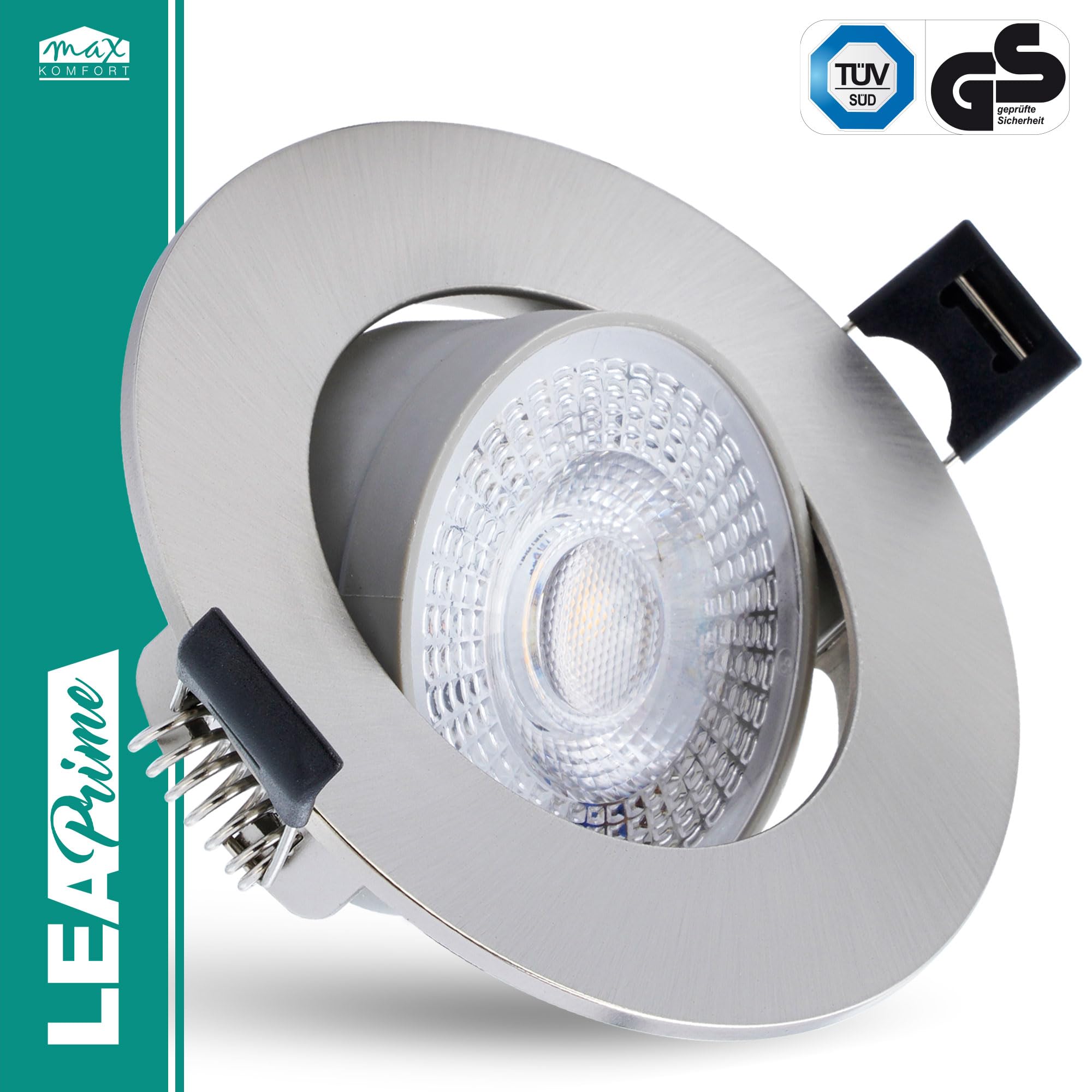 Maxkomfort 6er Set LED Einbaustrahler 230V Ultraflach & schwenkbar - 3 Lichtfarben (3000K/4000K/6000K) & 3W-5W-7W einstellbar, IP20 Deckenspots Edelstahl-Optik gebürstet - LEA-Prime