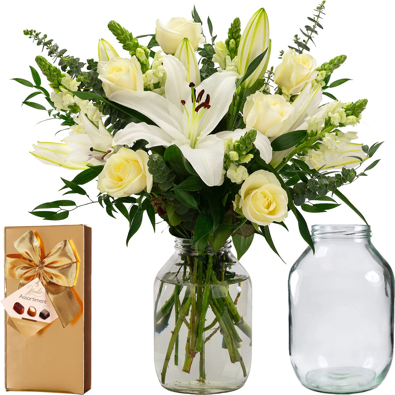 InterBloom | The Grace - Next Day Large White Lily and Rose Beautiful Fresh Flower Bouquet with a Hamlet Chocolates and Pickle Jar Vase