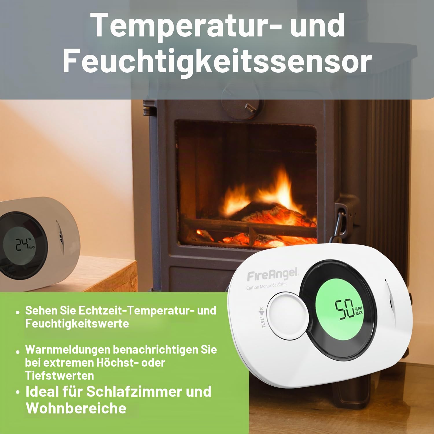 Fireangel FA3322 Digitaler CO-Alarm, 10 Jahre versiegelt, für Lebensdauer der Batterie, inkl. Temperatur- und Luftfeuchtigkeitssensor, Warnhinweise