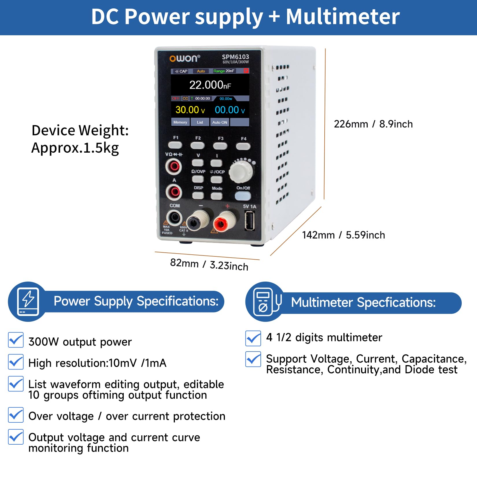 OWON SPM6103 2 in 1 Labornetzteil & Multimeter 60V/10A, DC-Netzteil Variabel, Tischnetzteil mit 2,8 Zoll Hochpräzisions-LED, USB-Schnittstelle, SCPI-Unterstützung, 4 1/2 Digital Multimeter