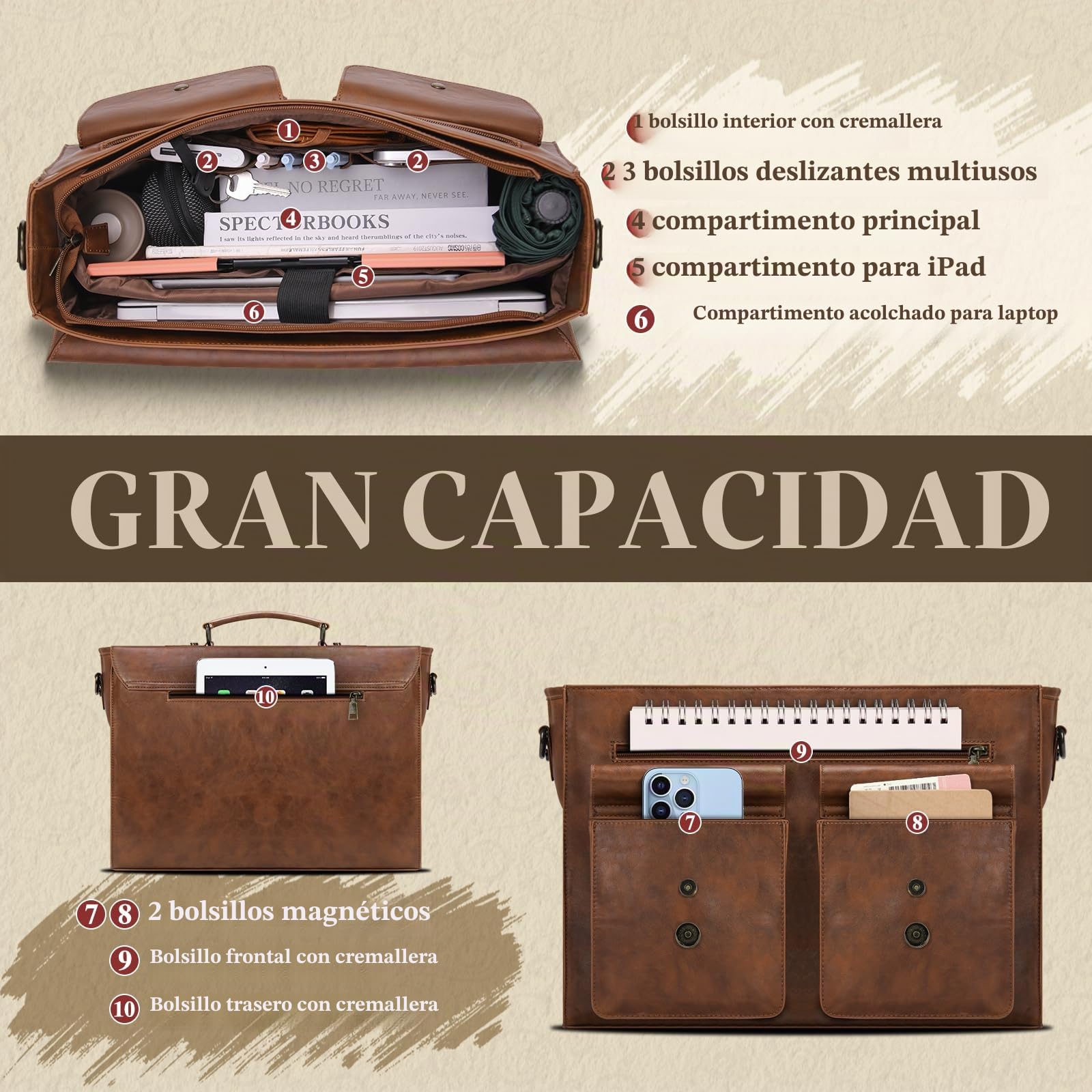RAINSMORE Maletin Portatil 15,6 Pulgadas Piel PU Bolso de Mensajero Impermeable Bandolera Hombre Grande para Trabajo Negocios Marrón