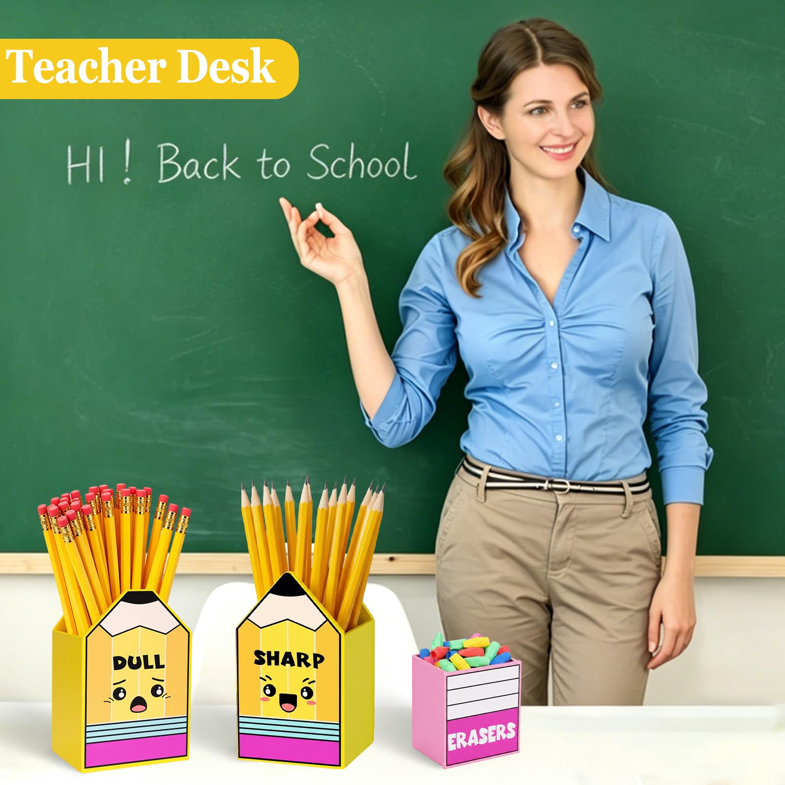 No requiere montaje, 3 portalápices de madera con forma de lápiz afilado y opaco con cubo de goma de borrar para profesores de aula, vuelta a la escuela