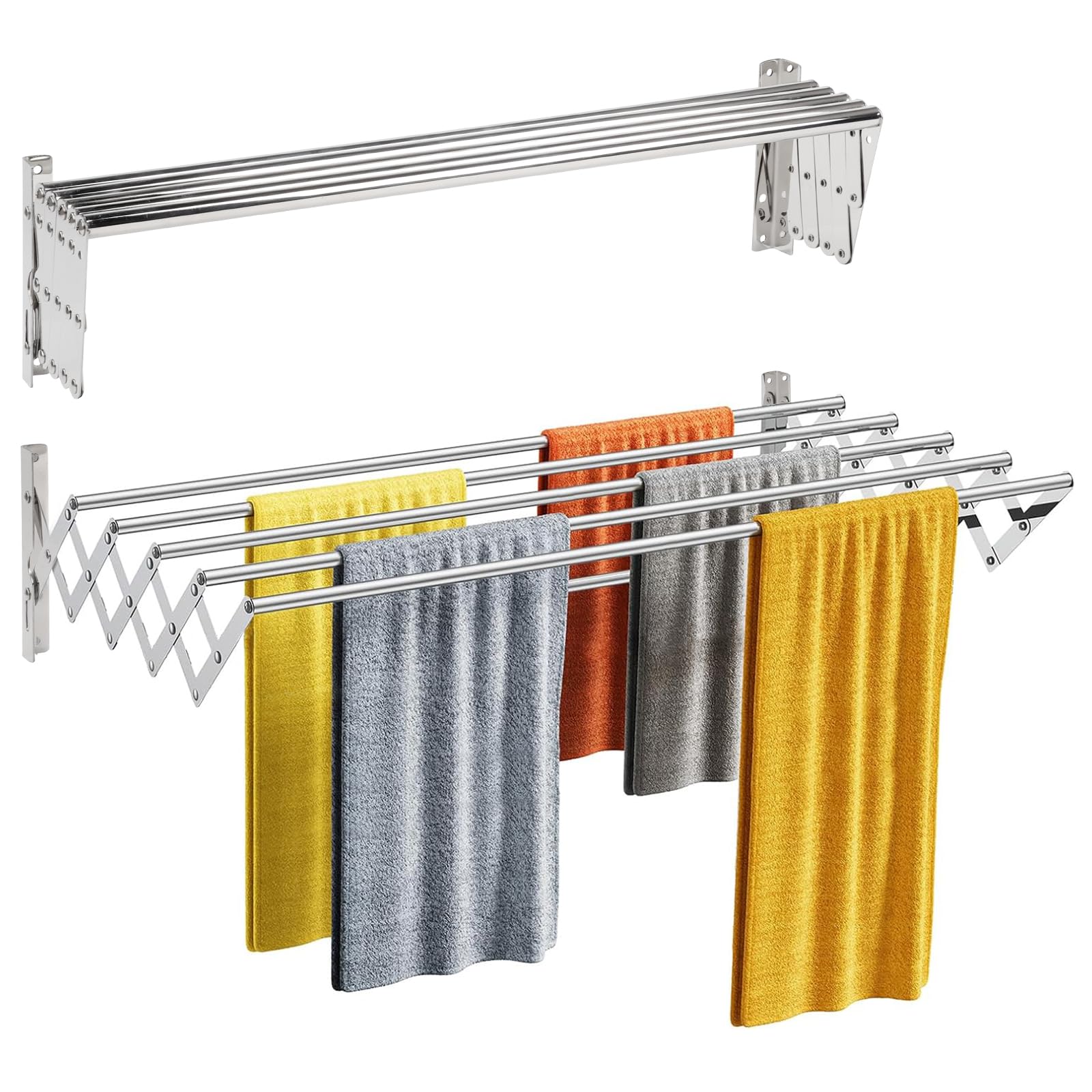 GAESHOW Stendibiancheria da Parete Estensibile, Stendino a Muro Richiudibile in Acciaio Inossidabile, con 5 Aste da 60 cm, Stendibiancheria da Balcone, per Lavanderia, Balcone, Bagno