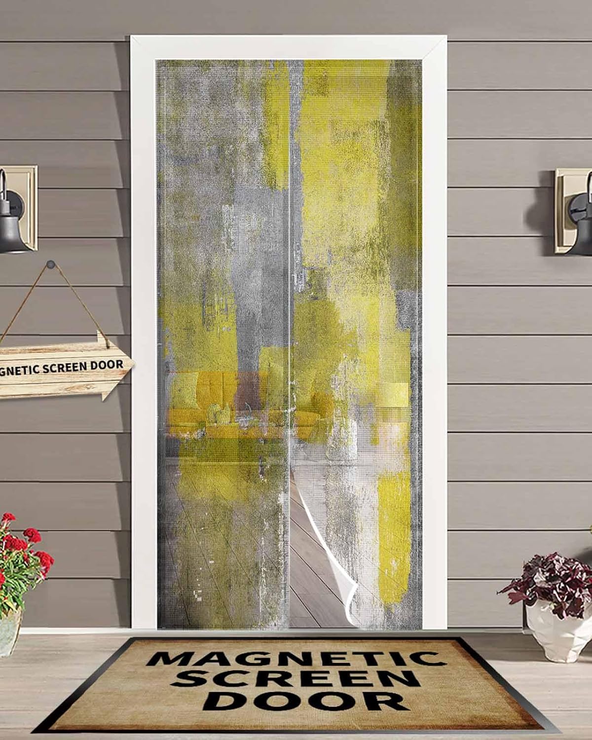Yellow Grey Magnetic Screen Door, Modern Oil Painted Abstract Art Aesthetics Hands Free Screen Mesh Size 38" x 83", Reinforce Heavy Duty Mesh Screen Doors for Patio/Front/Sliding Door