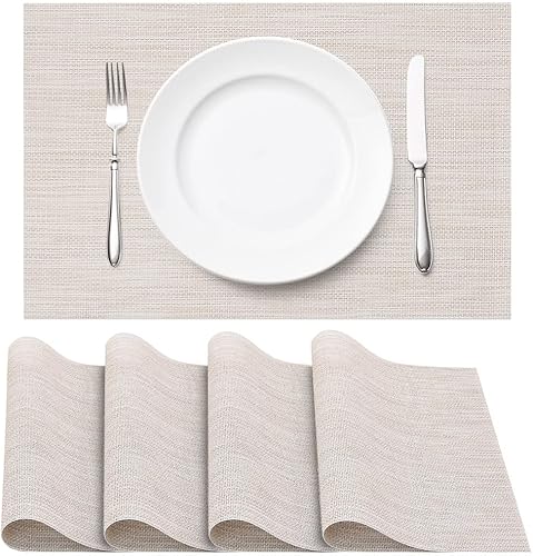 Juego de 4 manteles individuales tejidos de vinilo para mesa de comedor, color blanco y beige, lavables, resistentes al calor, para cocina, cena,